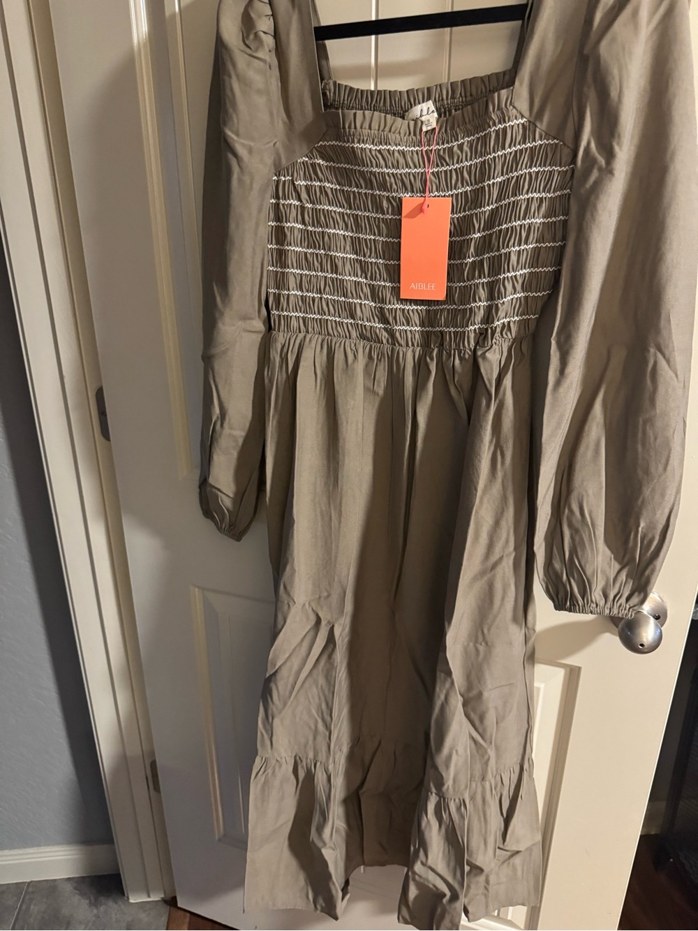 Smocked Midi Dress in Taupe with Long Sleeves